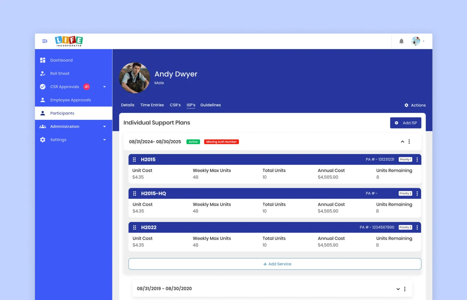 Life Inc. healthcare operations platform showing participant and support-plan details