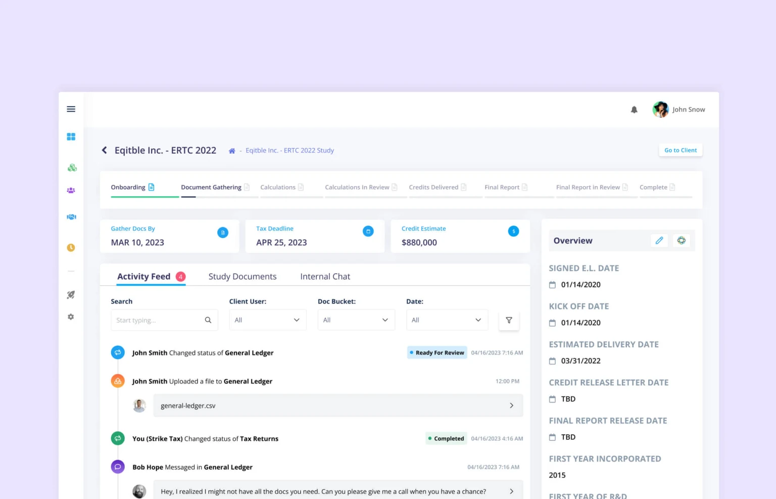 Strike Tax portal showing project onboarding, document gathering, and activity updates